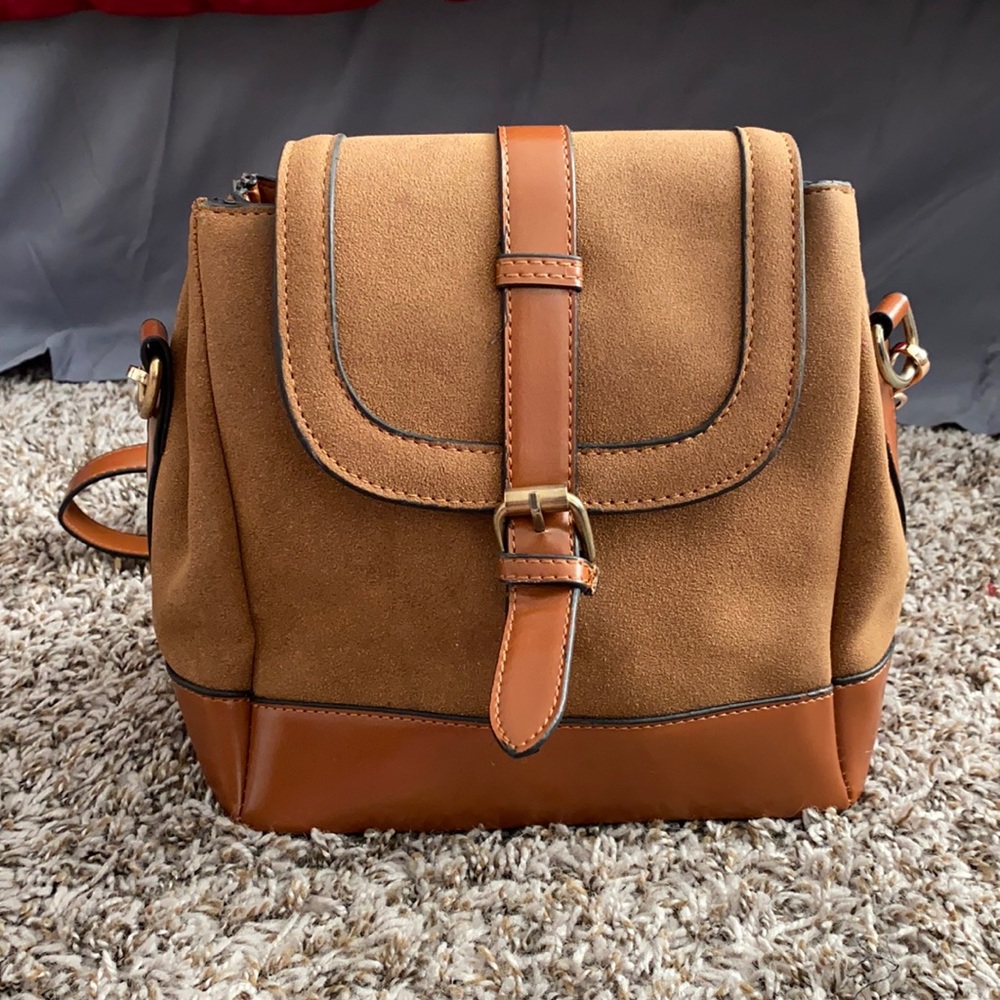 Vegan leather and suede brown cross body from Ivy & Fig Tri-fold compartments